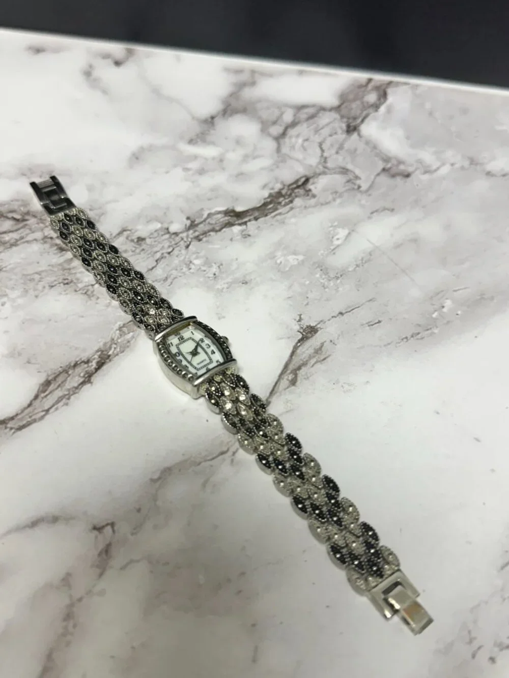 M. Z. Berger Marcasite Watch Silver Tone White Dial Ornate New Battery 7 inch